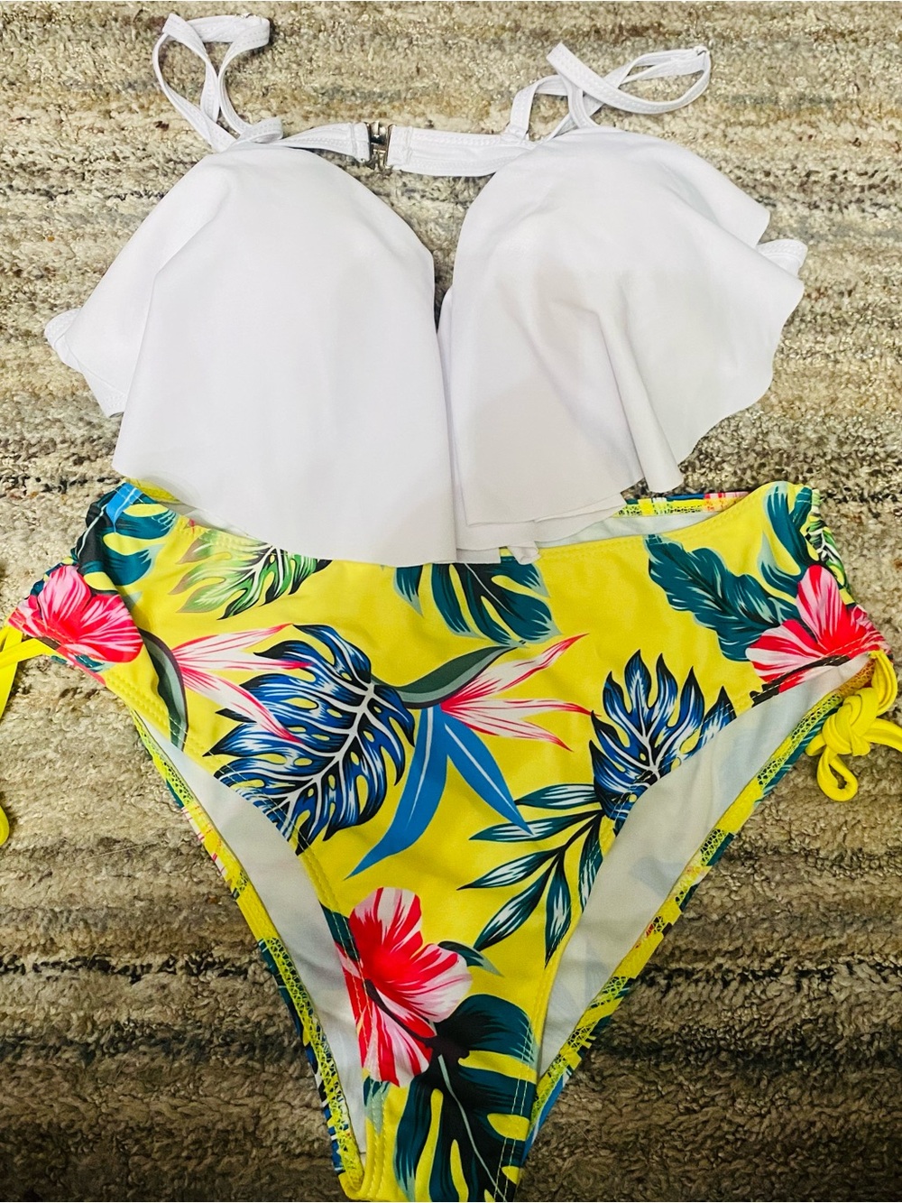 White Ruffle Top with Yellow Tropical Floral Bikini Bottom